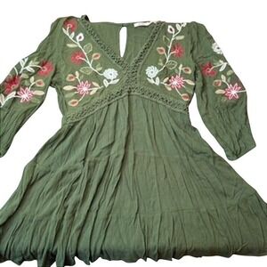 Mi Ami Dress Womens M Green Floral Embroidered Boho Crochet Peasant Ren Faire
